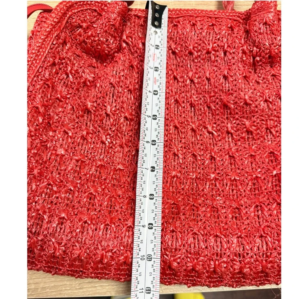 The Last Straw Holiday Fair Inc Red Woven Straw Handbag Wood Bead Rope Handle